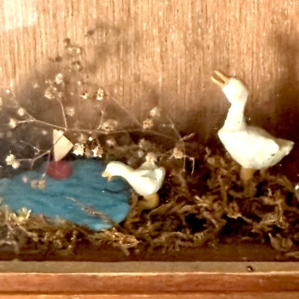Vintage Boy at a Pond with Ducks Sailboat Diorama Antique Wood Wall Hang Decor